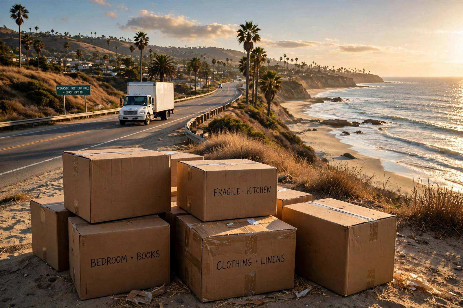 A moving truck on a coastal highway in Oceanside, with the ocean beside the road