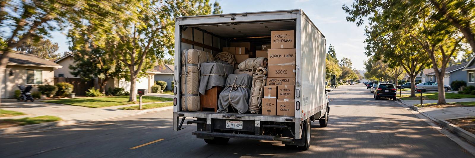 The rear of a moving truck loaded with blanket-wrapped furniture and stacked boxes